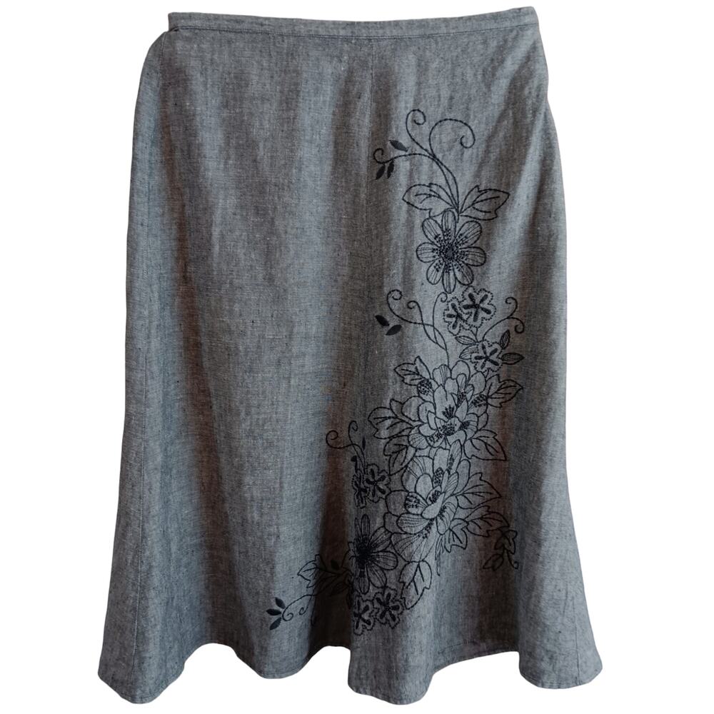 JM COLLECTION 100% Linen Midi Skirt‎ Size 8 Petite A-Line Embroidery Beaded Gray